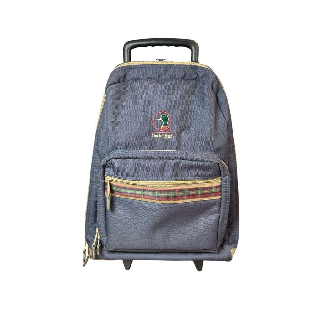 Vintage Duck Head Rolling Backpack Bookbag Navy Blue Tartan Carry on 17x14"